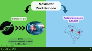 Posicionamento de
cultivares
8
Maximizar
Maximizar
Produtividade
Produtividade
Maximizar
Produtividade
Biotecnologia
OGMs
Organismos geneticamente
modificados.
Fonte: Canva, 2026.
 