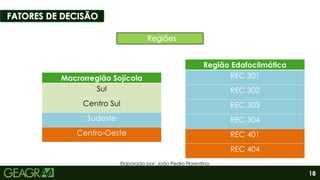 18
Região Edafoclimática
REC 301
REC 302
REC 303
REC 304
REC 401
REC 404
Macrorregião Sojícola
Sul
Centro Sul
Sudeste
Centro-Oeste
Elaborado por: João Pedro Florentino.
 