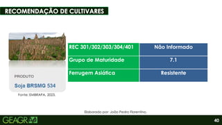 40
7.1
Sumário
Fonte: EMBRAPA, 2023.
REC 301/302/303/304/401 Não Informado
Grupo de Maturidade 7.1
Ferrugem Asiática Resistente
Elaborado por: João Pedro Florentino.
 