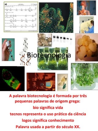 Biotecnologia A palavra biotecnologia é formada por três pequenas palavras de origem grega:  bio significa vida tecnos representa o uso prático da ciência logos significa conhecimento Palavra usada a partir do século XX. 