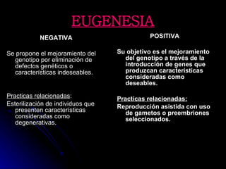 EUGENESIA NEGATIVA Se propone el mejoramiento del genotipo por eliminación de defectos genéticos o características indeseables.  Practicas relacionadas : Esterilización de individuos que presenten características consideradas como degenerativas. POSITIVA Su objetivo es el mejoramiento del genotipo a través de la introducción de genes que produzcan características consideradas como deseables. Practicas relacionadas: Reproducción asistida con uso de gametos o preembriones seleccionados. 