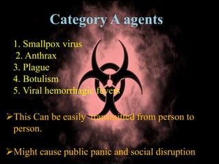 Category A agents
1. Smallpox virus
2. Anthrax
3. Plague
4. Botulism
5. Viral hemorrhagic fevers
1. Smallpox virus
2. Anthrax
3. Plague
4. Botulism
1. Smallpox virus
2. Anthrax
3. Plague
4. Botulism
5. Viral hemorrhagic fevers
This Can be easily transmitted from person to
person.
Might cause public panic and social disruption
 