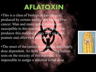 •This is a class of biological carcinogens,
produced by certain molds, that induce liver
cancer. Man and many other animals are
susceptible to this material. The molds that
produces this material grows well on grain,
peanuts and other rich nutrients .
•The onset of the cancer is uncertain and clearly
dose dependent. As there are no known human
tests on the toxicity of this material, it is
impossible to assign a minimal lethal dose
AFLATOXIN
 