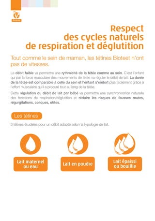 Respect
des cycles naturels
de respiration et déglutition
Tout comme le sein de maman, les tétines Bioteet n’ont
pas de vitesses.
Le débit faible va permettre une rythmicité de la tétée comme au sein. C’est l’enfant
qui par la force musculaire des mouvements de tétée va réguler le débit de lait. La durée
de la tétée est comparable à celle du sein et l’enfant s’endort plus facilement grâce à
l’effort musculaire qu’il a procuré tout au long de la tétée.
Cette régulation du débit de lait par bébé va permettre une synchronisation naturelle
des fonctions de respiration/déglutition et réduire les risques de fausses routes,
régurgitations, coliques, otites.

Les tétines
3 tétines étudiées pour un débit adapté selon la typologie de lait.

 