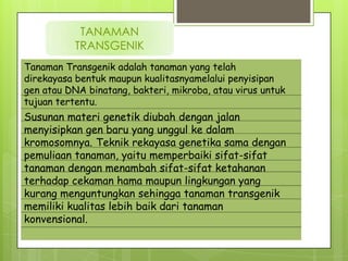TANAMAN
           TRANSGENIK
Tanaman Transgenik adalah tanaman yang telah
direkayasa bentuk maupun kualitasnyamelalui penyisipan
gen atau DNA binatang, bakteri, mikroba, atau virus untuk
tujuan tertentu.
Susunan materi genetik diubah dengan jalan
menyisipkan gen baru yang unggul ke dalam
kromosomnya. Teknik rekayasa genetika sama dengan
pemuliaan tanaman, yaitu memperbaiki sifat-sifat
tanaman dengan menambah sifat-sifat ketahanan
terhadap cekaman hama maupun lingkungan yang
kurang menguntungkan sehingga tanaman transgenik
memiliki kualitas lebih baik dari tanaman
konvensional.
 