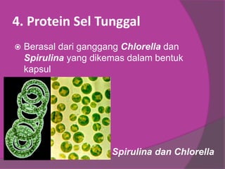 4. Protein Sel Tunggal
 Berasal dari ganggang Chlorella dan
Spirulina yang dikemas dalam bentuk
kapsul
Spirulina dan Chlorella
 