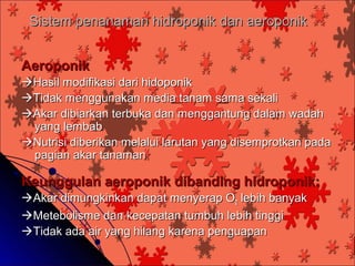Sistem penanaman hidroponik dan aeroponik


Aeroponik
Hasil modifikasi dari hidoponik
Tidak menggunakan media tanam sama sekali
Akar dibiarkan terbuka dan menggantung dalam wadah
 yang lembab
Nutrisi diberikan melalui larutan yang disemprotkan pada
 pagian akar tanaman

Keunggulan aeroponik dibanding hidroponik:
Akar dimungkinkan dapat menyerap O2 lebih banyak
Metebolisme dan kecepatan tumbuh lebih tinggi
Tidak ada air yang hilang karena penguapan
 