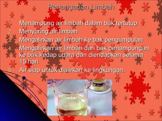 Penanganan Limbah

1.   Menampung air limbah dalam bak tertutup
2.   Menyaring air limbah
3.   Mengalirkan air limbah ke bak pengumpulan
4.   Mengalirkan air limbah dari bak penampungan
     ke bak kedap udara dan diendapkan selama
     15 hari
5.   Air siap untuk dialirkan ke lingkungan.
 