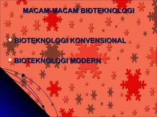 MACAM-MACAM BIOTEKNOLOGI



 BIOTEKNOLOGI   KONVENSIONAL

 BIOTEKNOLOGI   MODERN
 