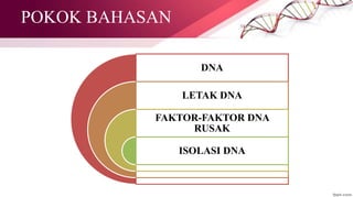 POKOK BAHASAN
DNA
LETAK DNA
FAKTOR-FAKTOR DNA
RUSAK
ISOLASI DNA
 