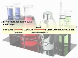 01/06/2017 BIOTEKNOLOGI PANGAN 12
c. Fermentasi asam cuka
Reaksinya:
Aerob
C6H12O6 2 C2H5OH 2 CH3COOH+H2O+116 kal.
(Glukosa) bakteri asam cuka
 