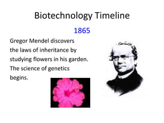 Biotechnology Timeline
1865
Gregor Mendel discovers
the laws of inheritance by
studying flowers in his garden.
The science of genetics
begins.

 