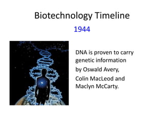 Biotechnology Timeline
1944
DNA is proven to carry
genetic information
by Oswald Avery,
Colin MacLeod and
Maclyn McCarty.

 