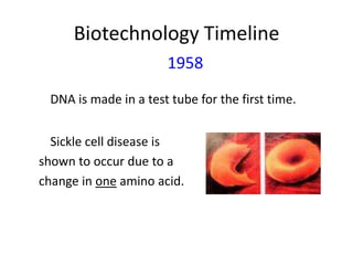 Biotechnology Timeline
1958
DNA is made in a test tube for the first time.
Sickle cell disease is
shown to occur due to a
change in one amino acid.

 