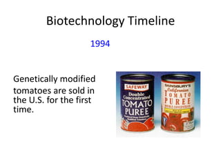Biotechnology Timeline
1994

Genetically modified
tomatoes are sold in
the U.S. for the first
time.

 