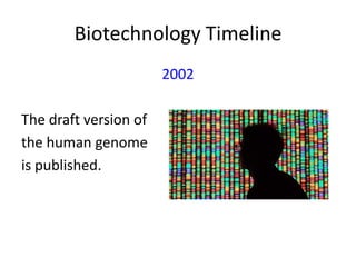Biotechnology Timeline
2002
The draft version of
the human genome
is published.

 