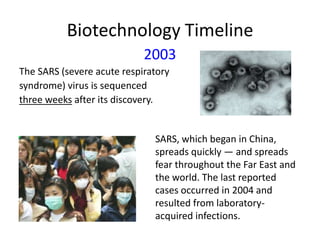 Biotechnology Timeline
2003
The SARS (severe acute respiratory
syndrome) virus is sequenced
three weeks after its discovery.

SARS, which began in China,
spreads quickly — and spreads
fear throughout the Far East and
the world. The last reported
cases occurred in 2004 and
resulted from laboratoryacquired infections.

 