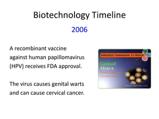 Biotechnology Timeline
2006
A recombinant vaccine
against human papillomavirus
(HPV) receives FDA approval.
The virus causes genital warts
and can cause cervical cancer.

 
