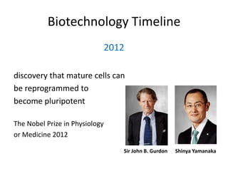 Biotechnology Timeline
2012
discovery that mature cells can
be reprogrammed to
become pluripotent
The Nobel Prize in Physiology
or Medicine 2012
Sir John B. Gurdon

Shinya Yamanaka

 