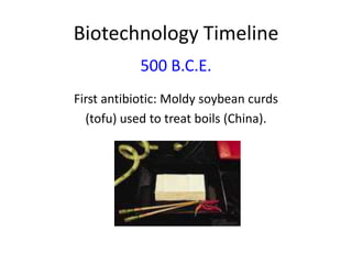 Biotechnology Timeline
500 B.C.E.
First antibiotic: Moldy soybean curds
(tofu) used to treat boils (China).

 