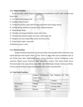 3.1.2. Proses Penelitian
   Proses penelitian adalah dengan terjun langsung membuktikan sendiri untuk membuat tape
ketan hitam :
1) Cuci beras ketan hingga bersih
2) Rendam selama 4-6 jam
3) Tiriskan beras ketan yang sudah direndam, kemudian kukus hingga matang
4) Setelah matang, dederkan nasi ketan di atas nampan/tempayan
5) Kipasi hingga dingin
6) Haluskan ragi hingga berbentuk serbuk-serbuk halus
7) Setelah dingin taburkan ragi ke nasi ketan, aduk hingga rata
8) Bungkus nasi ketan dengan daun jambu atau daun pisang
9) Simpan dalam toples, tutup rapat
10) Biarkan selama 2-3 hari.


3.1.3. Hasil Penelitian
       Setelah melakukan penelitian, ternyata kami dapat menyimpulkan bahwa fermentasi yang
terjadi pada tape ketan terjadi selama 2-3 hari. Selain itu juga, dalam proses pembuatan tape ini
ada hal-hal yang harus diperhatikan supaya proses fermentasi tersebut berlangsung secara
sempurna. Selama proses fermentasi tidak memerlukan oksigen. Oleh karena itulah, proses
fermentasi pada ketan yang tertutup rapat lebih cepat dibandingkan dengan ketan yang terbuka.
Lamanya proses fermentasi juga mempengaruhi kadar alcohol yang dihasilkan.


3.2. Tabel Hasil Penelitian
                                    Keadaan Penyimpanan Tape Singkong dan Tape
                                    Ketan Hitam
                                    Tertutup                      Terbuka
       Kematangan                   Matang                        Hamper matang
       Rasa                         Manis                         Kurang manis
       Kadar air                    Banyak                        Sedikit
 
