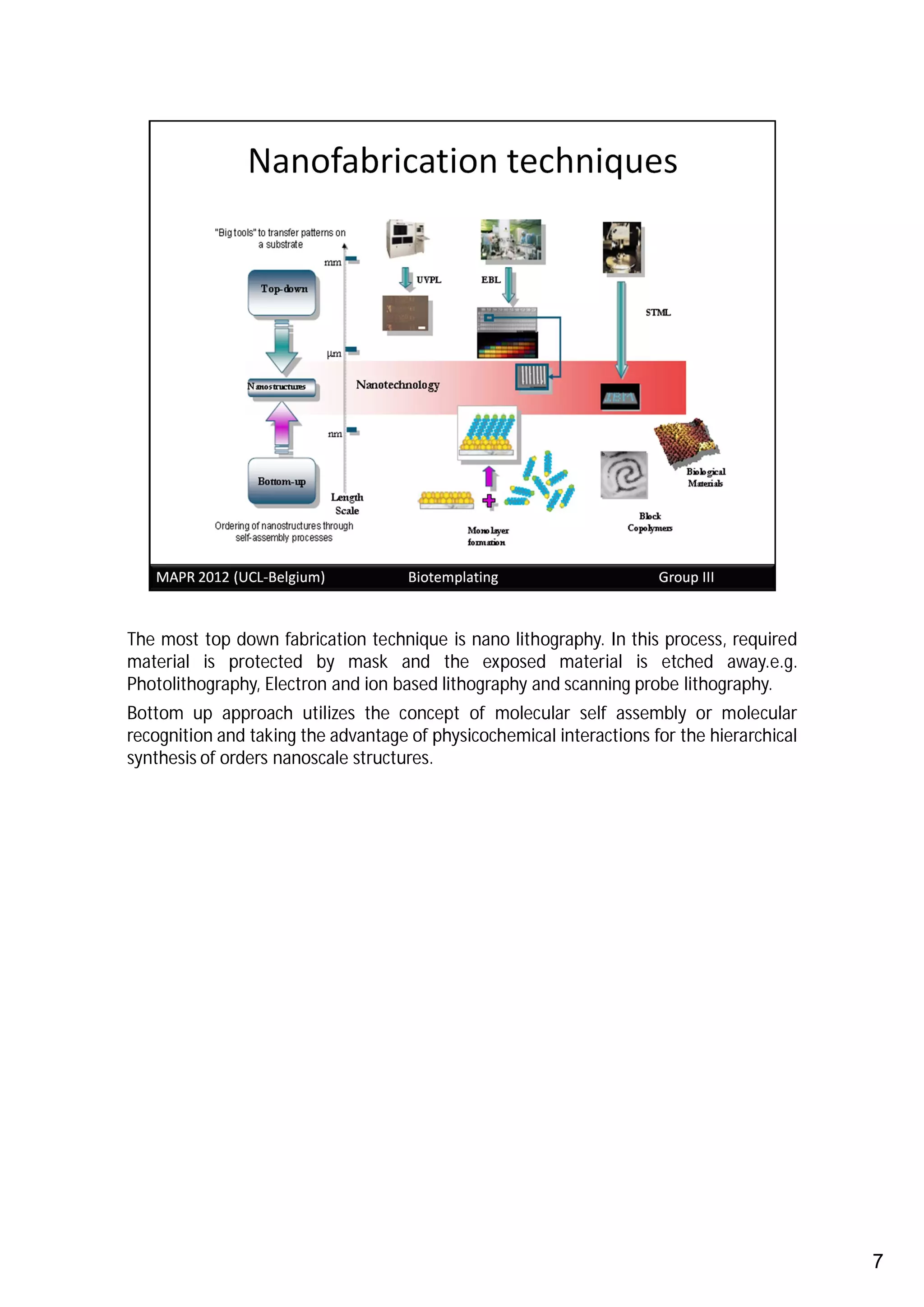 The most top down fabrication technique is nano lithography. In this process, required
material is protected by mask and the exposed material is etched away.e.g.
Photolithography, Electron and ion based lithography and scanning probe lithography.
Bottom up approach utilizes the concept of molecular self assembly or molecular
recognition and taking the advantage of physicochemical interactions for the hierarchical
synthesis of orders nanoscale structures.




                                                                                            7
 
