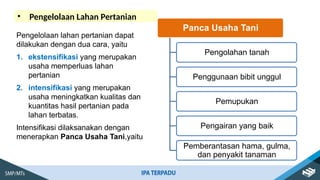 • Pengelolaan Lahan Pertanian
Pengelolaan lahan pertanian dapat
dilakukan dengan dua cara, yaitu
1. ekstensifikasi yang merupakan
usaha memperluas lahan
pertanian
2. intensifikasi yang merupakan
usaha meningkatkan kualitas dan
kuantitas hasil pertanian pada
lahan terbatas.
Intensifikasi dilaksanakan dengan
menerapkan Panca Usaha Tani,yaitu
Panca Usaha Tani
Pengolahan tanah
Penggunaan bibit unggul
Pemupukan
Pengairan yang baik
Pemberantasan hama, gulma,
dan penyakit tanaman
 
