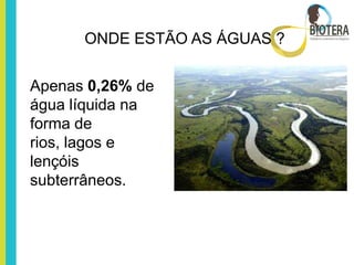 ONDE ESTÃO AS ÁGUAS ?


Apenas 0,26% de
água líquida na
forma de
rios, lagos e
lençóis
subterrâneos.
 