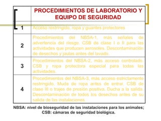PROCEDIMIENTOS DE LABORATORIO Y
EQUIPO DE SEGURIDAD
1 Acceso restringido, ropa y guantes protectores
2
Procedimientos del NBSA-1, más señales de
advertencia del riesgo. CSB de clase I o II para las
actividades que producen aerosoles. Descontaminación
de desechos y jaulas antes del lavado.
3
Procedimientos del NBSA-2, más acceso controlado.
CSB y ropa protectora especial para todas las
actividades.
4
Procedimientos del NBSA-3, más acceso estrictamente
restringido. Muda de ropa antes de entrar. CSB de
clase III o trajes de presión positiva. Ducha a la salida.
Descontaminación de todos los desechos antes de su
salida de las instalaciones.
NBSA: nivel de bioseguridad de las instalaciones para los animales;
CSB: cámaras de seguridad biológica.
 
