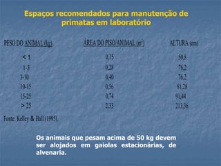 Espaços recomendados para manutenção de
primatas em laboratório

PESO DO ANIMAL (kg)

ÁREA DO PISO/ANIMAL (m2)
0,15
0,28
0,40
0,56
0,74
2,33

<1
1-3
3-10
10-15
15-25

> 25

ALTURA (em)
50,8
76,2
76,2
81,28
91,44
213,36

Fonte: Kelley & Hall (1995).
Os animais que pesam acima de 50 kg devem
ser alojados em gaiolas estacionárias, de
alvenaria.

 