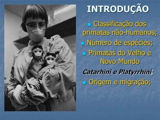 INTRODUÇÃO
Classificação dos
primatas não-humanos;
 Número de espécies;
 Primatas do Velho e
Novo Mundo
Catarhini e Platyrrhini;
 Origem e migração;


 