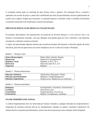 7
A contenção animal pode ser realizada de duas formas: física e química. Na contenção física, o animal é
capturado com auxílio do puçá e a partir daí é imobilizado por meio de procedimentos técnicos padronizados de
acordo com a espécie. Sempre que necessário, a contenção química é realizada, sendo o cloridrato de ketamina
o anestésico dissociativo de eleição para a maioria dos primatas.
PRINCIPAIS DOENÇAS DE PRIMATAS NÃO-HUMANOS
Os primatas não-humanos são transmissores em potencial de diversas doenças e o seu convívio com o ser
humano é extremamente arriscado, visto que albergam uma grande gama de vírus e bactérias e são altamente
susceptíveis a infecções comuns ao homem.
A seguir, são apresentadas algumas doenças que acometem primatas não-humanos e descritas aquelas de maior
relevância, pelo fato de aparecerem com maior freqüência em um Centro de Criação e Produção.
Quadro 1 – Doenças virais
Febres Hemorrágicas
Herpevírus
Hepatites Virais
Retrovírus
Togavírus

Ebola, Febre Amarela, Dengue
Herpes B, Cytomegalovirus
Hepatites A, B, C, D, E
Oncovírus tipos B, C, e D
Rubéola

Quadro 2 – Doenças Bacterianas
Infecções sistêmicas
Infecções gastrointestinais
Infecções respiratórias

Tuberculose, Hanseníase, Tétano
Shigelose, Campylobactgeriose
Streptococcus, Staphylococcus, Klebsiela

Quadro 3 – Doenças parasitárias
Helmintos
Cestódeos
Trematódeos
Protozoários

Estrongiloidose, Ascaridiose, Ancilostomose
Hymenoleps nana
Esquistossomose, Fasciola sp
Malária, Toxoplasmose, Amebíase

EXAME PERIÓDICO DO ANIMAL
A colônia freqüentemente deve ser observada por técnicos treinados e qualquer alteração de comportamento e
surgimento de sintomas anormais têm de ser imediatamente relatados ao médico veterinário responsável. Os
animais devem ser pesados periodicamente, assim como devem passar por uma avaliação clínica freqüente.

 