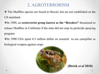 2. AGROTERRORISM
 The Medflies species are found in Hawaii, but are not established on the
US mainland
In 1989, an ecoterrorist group known as the “Breeders” threatened to
release Medflies in California if the state did not stop its pesticide spraying
program
In 1990 USA spent 6.5 million dollar on research to use caterpillar as
biological weapon against crops
(Derek et al 2010)
 