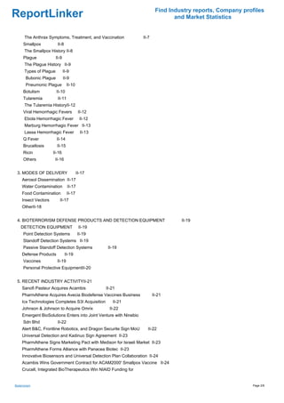 Find Industry reports, Company profiles
ReportLinker                                                                       and Market Statistics


       The Anthrax Symptoms, Treatment, and Vaccination             II-7
      Smallpox            II-8
       The Smallpox History II-8
      Plague             II-9
       The Plague History II-9
       Types of Plague          II-9
        Bubonic Plague          II-9
        Pneumonic Plague          II-10
      Botulism           II-10
      Tularemia           II-11
       The Tularemia HistoryII-12
      Viral Hemorrhagic Fevers             II-12
       Ebola Hemorrhagic Fever              II-12
       Marburg Hemorrhagic Fever II-13
       Lassa Hemorrhagic Fever              II-13
      Q Fever            II-14
      Brucellosis        II-15
      Ricin           II-16
      Others           II-16


 3. MODES OF DELIVERY                     II-17
     Aerosol Dissemination II-17
     Water Contamination          II-17
     Food Contamination           II-17
     Insect Vectors        II-17
     OtherII-18


 4. BIOTERRORISM DEFENSE PRODUCTS AND DETECTION EQUIPMENT                            II-19
    DETECTION EQUIPMENT                    II-19
      Point Detection Systems             II-19
      Standoff Detection Systems II-19
      Passive Standoff Detection Systems             II-19
     Defense Products            II-19
      Vaccines            II-19
      Personal Protective EquipmentII-20


 5. RECENT INDUSTRY ACTIVITYII-21
     Sanofi Pasteur Acquires Acambis                II-21
     PharmAthene Acquires Avecia Biodefense Vaccines Business              II-21
     Icx Technologies Completes S3I Acquisition        II-21
     Johnson & Johnson to Acquire Omrix               II-22
     Emergent BioSolutions Enters into Joint Venture with Ninebio
      Sdn Bhd             II-22
     Alert B&C, Frontline Robotics, and Dragon Securite Sign MoU       II-22
     Universal Detection and Kadinuo Sign Agreement II-23
     PharmAthene Signs Marketing Pact with Medison for Israeli Market II-23
     PharmAthene Forms Alliance with Panacea Biotec II-23
     Innovative Biosensors and Universal Detection Plan Collaboration II-24
     Acambis Wins Government Contract for ACAM2000' Smallpox Vaccine II-24
     Crucell, Integrated BioTherapeutics Win NIAID Funding for


Bioterrorism                                                                                                  Page 2/8
 