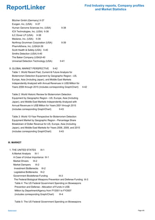 Find Industry reports, Company profiles
ReportLinker                                                                   and Market Statistics


     Blücher Gmbh (Germany) II-37
     Evogen, Inc. (USA)     II-37
     Human Genome Sciences Inc. (USA)                    II-38
     ICX Technologies, Inc. (USA) II-38
     ILC Dover LP (USA)       II-38
     Medarex, Inc. (USA)     II-39
     Northrop Grumman Corporation (USA)                  II-39
     PharmAthene, Inc. (USA)II-39
     Scott Health & Safety (USA) II-40
     Smiths Detection (USA) II-40
     The Baker Company (USA)II-40
     Universal Detection Technology (USA)              II-41


 8. GLOBAL MARKET PERSPECTIVE                 II-42
     Table 1: World Recent Past, Current & Future Analysis for
     Bioterrorism Detection Equipment by Geographic Region - US,
     Europe, Asia (Including Japan), and Middle East Markets
     Independently Analyzed with Annual Revenues in US$ Million for
     Years 2006 through 2015 (includes corresponding Graph/Chart)     II-42


     Table 2: World Historic Review for Bioterrorism Detection
     Equipment by Geographic Region - US, Europe, Asia (Including
     Japan), and Middle East Markets Independently Analyzed with
     Annual Revenues in US$ Million for Years 2001 through 2015
     (includes corresponding Graph/Chart)             II-43


     Table 3: World 10-Year Perspective for Bioterrorism Detection
     Equipment Market by Geographic Region - Percentage Share
     Breakdown of Dollar Revenue for US, Europe, Asia (Including
     Japan), and Middle East Markets for Years 2006, 2009, and 2015
     (includes corresponding Graph/Chart)             II-43



III. MARKET


 1. THE UNITED STATES               III-1
     A.Market Analysis     III-1
       A Case of Undue Importance III-1
       Market Drivers     III-2
       Market Dampers       III-2
        Investment Bottlenecks        III-2
        Legislative Bottlenecks     III-2
       Government Biodefense Funding                  III-3
        The Federal Biological Weapons Prevention and Defense Funding III-3
         Table 4: The US Federal Government Spending on Bioweapons
         Prevention and Defense - Allocation of Funds in US$
         Million by Department/Agency from FY2001 to FY2007
         (includes corresponding Graph/Chart)         III-4


         Table 5: The US Federal Government Spending on Bioweapons


Bioterrorism                                                                                              Page 4/8
 