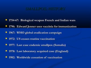 SMALLPOX: HISTORYSMALLPOX: HISTORY
 1754-67: Biological weapon French and Indian wars1754-67: Biological weapon French and Indian wars
 1796: Edward Jenner uses vaccinia for immunization1796: Edward Jenner uses vaccinia for immunization
 1967: WHO global eradication campaign1967: WHO global eradication campaign
 1972: US ceases routine vaccination1972: US ceases routine vaccination
 1977: Last case endemic smallpox (Somalia)1977: Last case endemic smallpox (Somalia)
 1978: Last laboratory acquired case (England)1978: Last laboratory acquired case (England)
 1982: Worldwide cessation of vaccination1982: Worldwide cessation of vaccination
 