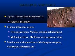 SMALLPOX: VIROLOGYSMALLPOX: VIROLOGY
 Agent: Variola (family poxviridae)Agent: Variola (family poxviridae)
 8 genera in family8 genera in family
 Human infectious agentsHuman infectious agents
 Orthopoxviruses: Variola, varicella (chickenpox)Orthopoxviruses: Variola, varicella (chickenpox)
 Mullucipoxvirus: Mulluscum contagiosum virusMullucipoxvirus: Mulluscum contagiosum virus
 Nonhuman orthopoxviruses: Monkeypox, cowpox,Nonhuman orthopoxviruses: Monkeypox, cowpox,
canarypox, rabbitpox, etc.canarypox, rabbitpox, etc.
 