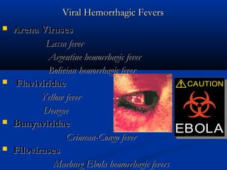 Viral Hemorrhagic FeversViral Hemorrhagic Fevers
 Arena VirusesArena Viruses
Lassa feverLassa fever
Argentine hemorrhagic feverArgentine hemorrhagic fever
Bolivian hemorrhagic feverBolivian hemorrhagic fever
 FlaviviridaeFlaviviridae
Yellow feverYellow fever
DengueDengue
 BunyaviridaeBunyaviridae
Crimean-Congo feverCrimean-Congo fever
 FilovirusesFiloviruses
Marburg Ebola hemorrhagic feversMarburg Ebola hemorrhagic fevers
 