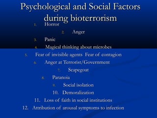 Psychological and Social FactorsPsychological and Social Factors
during bioterrorismduring bioterrorism
1.1. HorrorHorror
2.2. AngerAnger
3.3. PanicPanic
4.4. Magical thinking about microbesMagical thinking about microbes
5.5. Fear of invisible agents Fear of contagionFear of invisible agents Fear of contagion
6.6. Anger at Terrorist/GovernmentAnger at Terrorist/Government
7.7. ScapegoatScapegoat
8.8. ParanoiaParanoia
9.9. Social isolationSocial isolation
10. Demoralization10. Demoralization
11. Loss of faith in social institutions11. Loss of faith in social institutions
12. Attribution of arousal symptoms to infection12. Attribution of arousal symptoms to infection
 
