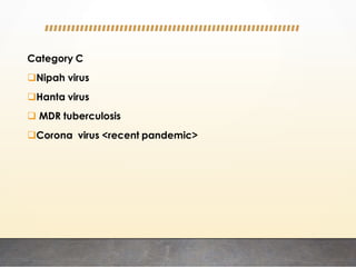 Category C
Nipah virus
Hanta virus
 MDR tuberculosis
Corona virus <recent pandemic>
 