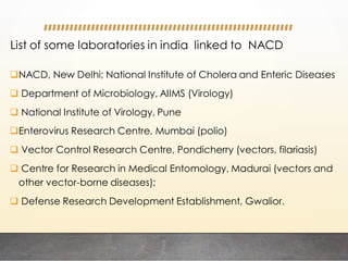 List of some laboratories in india linked to NACD
NACD, New Delhi; National Institute of Cholera and Enteric Diseases
 Department of Microbiology, AIIMS (Virology)
 National Institute of Virology, Pune
Enterovirus Research Centre, Mumbai (polio)
 Vector Control Research Centre, Pondicherry (vectors, filariasis)
 Centre for Research in Medical Entomology, Madurai (vectors and
other vector-borne diseases);
 Defense Research Development Establishment, Gwalior.
 