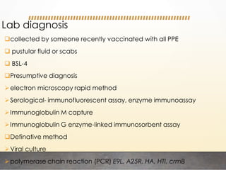 Lab diagnosis
collected by someone recently vaccinated with all PPE
 pustular fluid or scabs
 BSL-4
Presumptive diagnosis
electron microscopy rapid method
Serological- immunofluorescent assay, enzyme immunoassay
Immunoglobulin M capture
Immunoglobulin G enzyme-linked immunosorbent assay
Definative method
Viral culture
polymerase chain reaction (PCR) E9L, A25R, HA, HTI, crmB
 