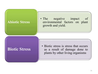 • The negative impact of
environmental factors on plant
growth and yield.
Abiotic Stress
• Biotic stress is stress that occurs
as a result of damage done to
plants by other living organisms
Biotic Stress
31
 