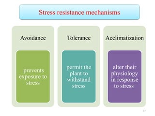 Stress resistance mechanisms
Avoidance
prevents
exposure to
stress
Tolerance
permit the
plant to
withstand
stress
Acclimatization
alter their
physiology
in response
to stress
37
 
