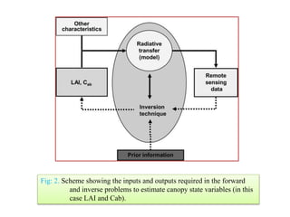 Fig: 2. Scheme showing the inputs and outputs required in the forward
and inverse problems to estimate canopy state variables (in this
case LAI and Cab).
 