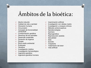 Ámbitos de la bioética:
O Aborto inducido
O Calidad de vida y sanidad
O Clonación humana
O Circuncisión
O Concepto de funcionalidad
conductual
O Contaminación genética
O Derechos de los animales
O Desarrollo sostenible
O Donación de órganos
O Drogas
O Ética medio ambiental
O Eutanasia
O Genética
O Investigación médica
O Investigación farmacológica
O Ingeniería genética
O Ingeniería genética humana
O Inseminación artificial
O Investigación con células madre
O Investigación y ensayos clínicos
O Métodos anticonceptivos
O Nanotecnologías
O Quimera
O Reprogenética
O Reproducción asistida
O Sexualidad
O Sida
O Suicidio
O Trasplante
O Tratamiento del dolor
O Vida artificial
 