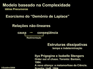 Relações não-lineares
Realimentação
causa conseqüência
Modelo baseado na ComplexidadeModelo baseado na Complexidade
Idéias PrecursorasIdéias Precursoras
Ilya Prigogine e Isabelle Stengers
Order out of chaos. Toronto: Bantam,
1984.
A nova aliança: a metamorfose da Ciência.
Exorcismo do “Demônio de Laplace”
Estruturas dissipativas
tempo e indeterminação
©Goldim/2004
 
