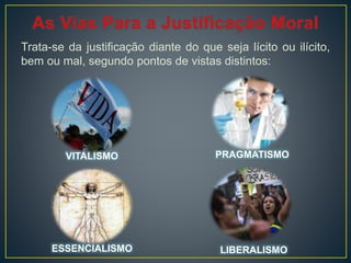 Trata-se da justificação diante do que seja lícito ou ilícito,
bem ou mal, segundo pontos de vistas distintos:
VITALISMO PRAGMATISMO
ESSENCIALISMO LIBERALISMO
 