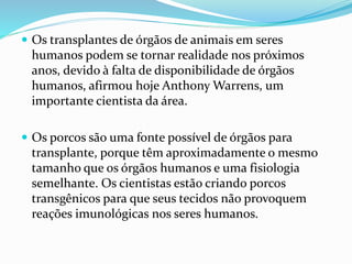  Os transplantes de órgãos de animais em seres
humanos podem se tornar realidade nos próximos
anos, devido à falta de disponibilidade de órgãos
humanos, afirmou hoje Anthony Warrens, um
importante cientista da área.
 Os porcos são uma fonte possível de órgãos para
transplante, porque têm aproximadamente o mesmo
tamanho que os órgãos humanos e uma fisiologia
semelhante. Os cientistas estão criando porcos
transgênicos para que seus tecidos não provoquem
reações imunológicas nos seres humanos.
 
