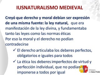 IUSNATURALISMO MEDIEVAL
Creyó que derecho y moral debían ser expresión
de una misma fuente: la ley natural, que era
manifestación de la ley divina, y fundamentaba
tanto las leyes como las normas éticas
Por eso la moral y el derecho no podían
contradecirse
 El derecho articulaba los deberes perfectos,
obligatorios e iguales para todos
 La ética los deberes imperfectos de virtud y
perfección individual, que no podían
imponerse a todos por igual
 